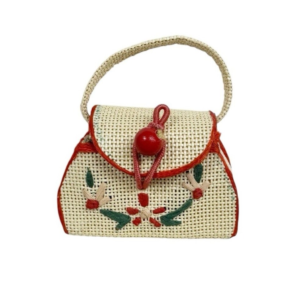 Vintage Barbie 1960's Premier Clone 956 Embroidered Floral Straw‎ Purse Bag